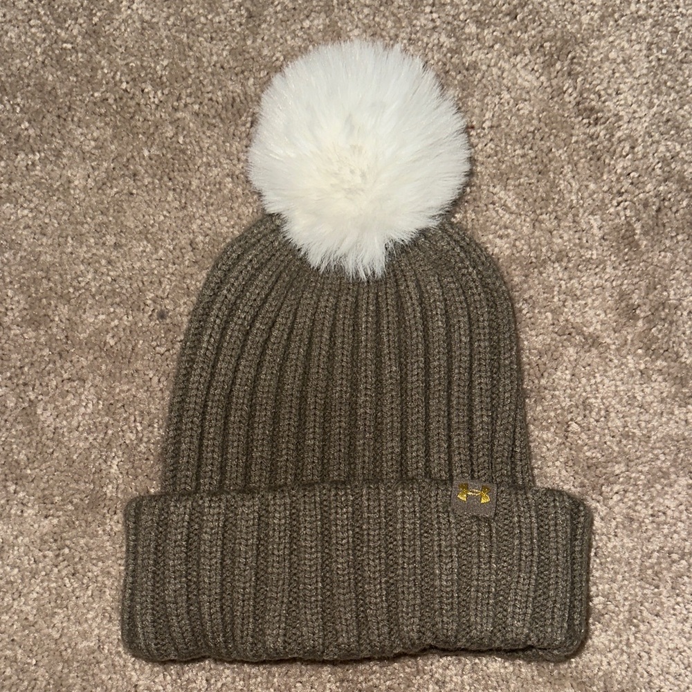 Under Armour Olive Knit Beanie with White Pom